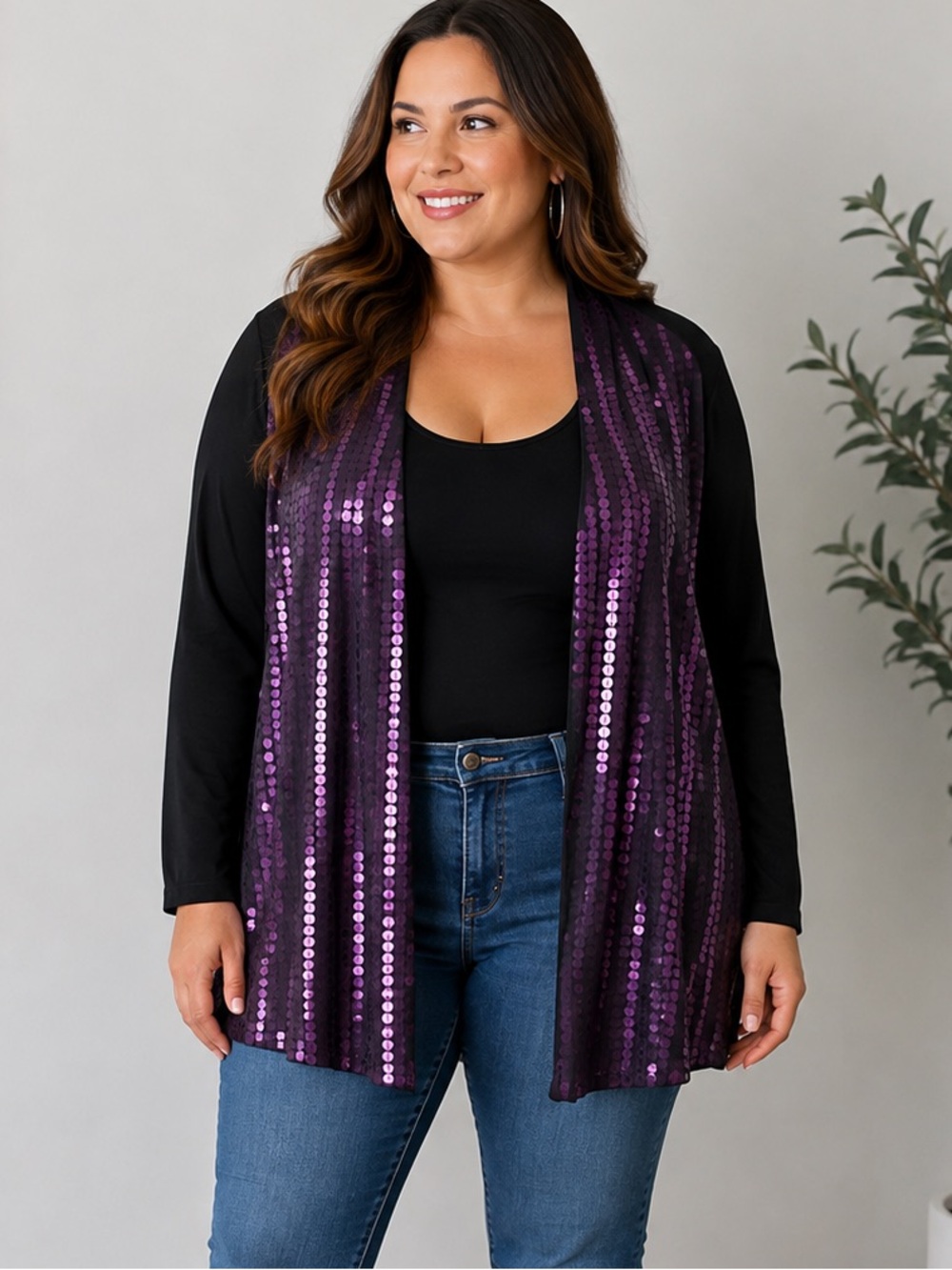 Chico’s Travelers Black Open Front Cardigan Purple Sequin XL Chico’s 3 Resort